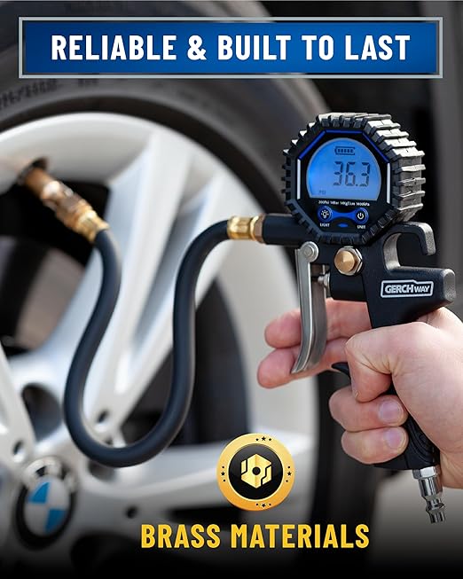 Digital Tire Pressure Gauge with Inflator (3-200 PSI), Heavy Duty Air Chuck and Compressor Accessories with Swivel Air Chuck, Longer Hose, Large Display (0.1 Res)