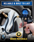 Digital Tire Pressure Gauge with Inflator (3-200 PSI), Heavy Duty Air Chuck and Compressor Accessories with Swivel Air Chuck, Longer Hose, Large Display (0.1 Res)