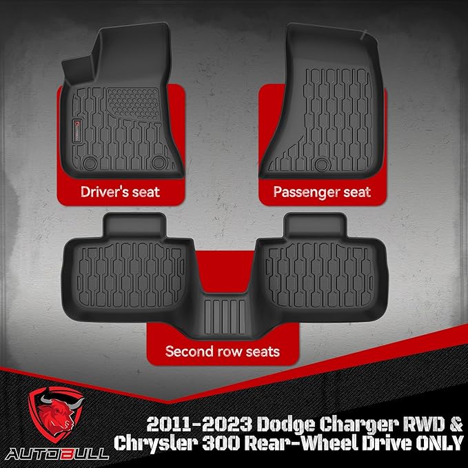 Floor Mats Compatible with 2011-2023 Dodge Charger RWD & Chrysler 300 Rear-Wheel Drive ONLY, All Weather TPE Floor Liners, Custom Fit Car mats, 1st & 2nd Row, Black