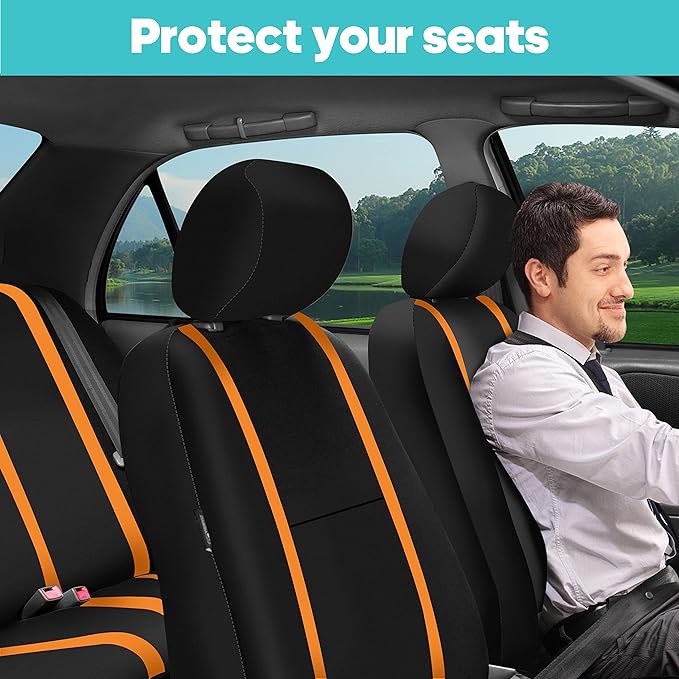 FH Group Unique Flat Cloth Full Set Car Seat Covers w. Silicone Steering Wheel Cover- Universal Fit for Most Cars, Trucks, SUVs or Vans (Orange/Black)