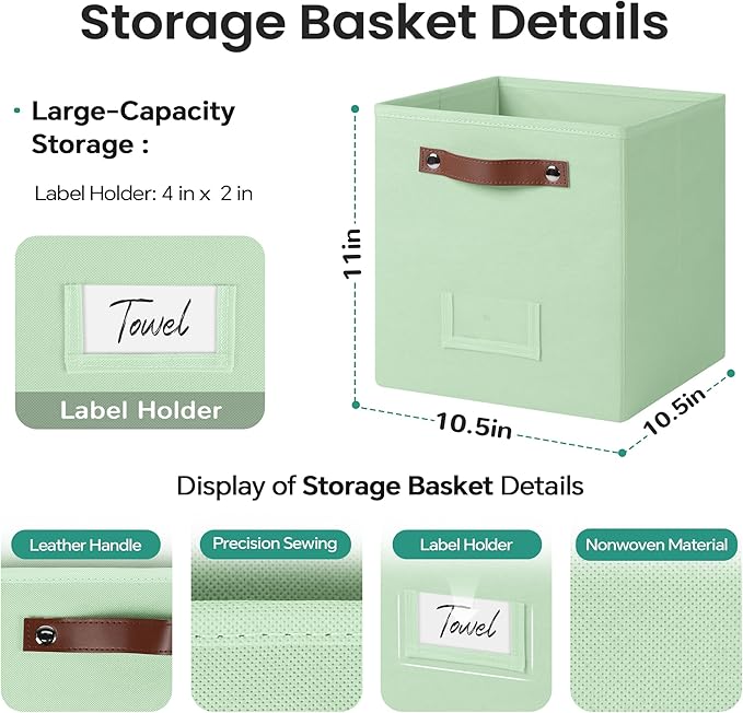 FinishingBo 6-Pack Storage Cubes with Handles & Label Holders Basket, Closet Cube Home Organizer Bins(Green, 10.5*10.5*11 inc