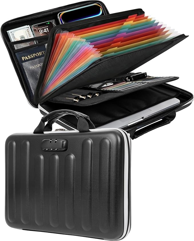 DOZAWA Fireproof Document Box, Hard Case Document Organizer with Lock, 13 Pockets Accordion File Folder with Reflective Strip