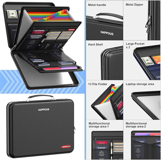 Fireproof Document Organizer, Expanding File Organizer with 13 Pockets, Portable Fireproof Document Box Hard-Shell Document O