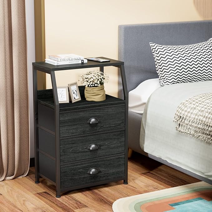 Furnulem Black Night Stand, Small Dresser for Bedroom, Nightstand with 3 Fabric Storage Drawers and 2-Tier Shelf, End Table S