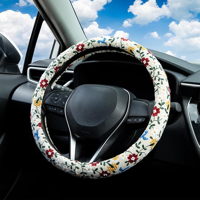 Embroidered Red Flower and Cute Daisy Steering Wheel Cover Auto Anti-Slip Breathable Rubber Steering Wheel Protector,Floral Car Accessories for Women,Universal Size Fit Most Cars -15 inch