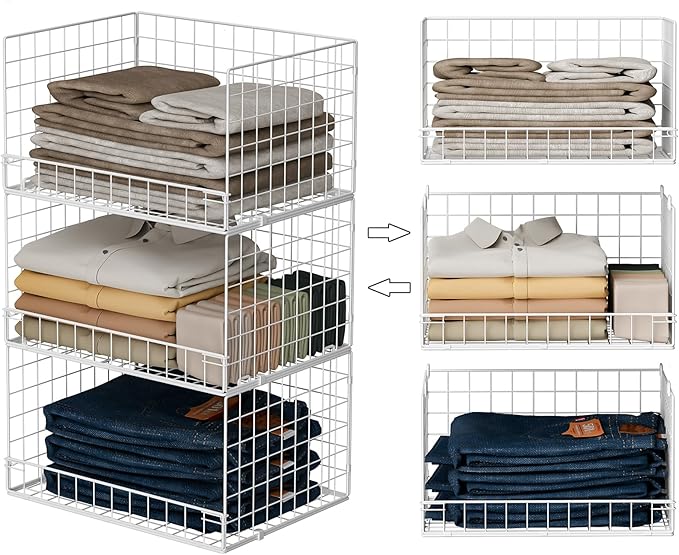 Yociyoga Closet Organizers and Storage Basket- 3-Tier Stackable Storage Bins, Foldable Closet Shelf Organizer Basket, Stackab