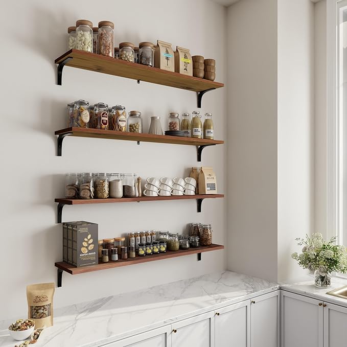 12 Inch Deep Floating Shelves Set of 4, 48 Inch Extra Wide Brown Solid Wood Wall Shelves, 4ft Heavy Duty Farmhouse Wall Mount