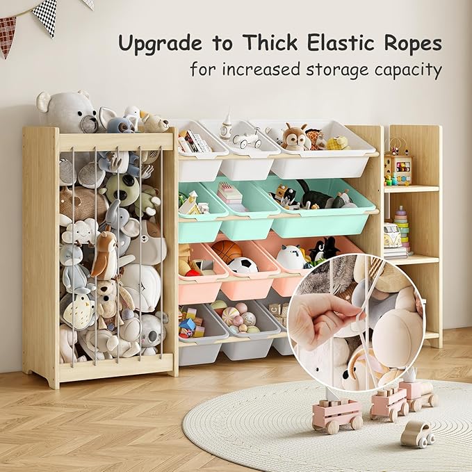 EXPERLAM 3-in-1 Toy Storage Organizer, Stuffed Animal Holder & 3-Tier Bookcase, Solid Wood Toy Organizer with 12 Storage Bins