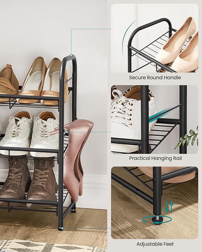 SONGMICS Stackable Shoe Rack, 3 Tier Metal Shoes Rack Storage Shelf, Holds up to 15 Pairs, Adjustable Slanted Shelves Tower O