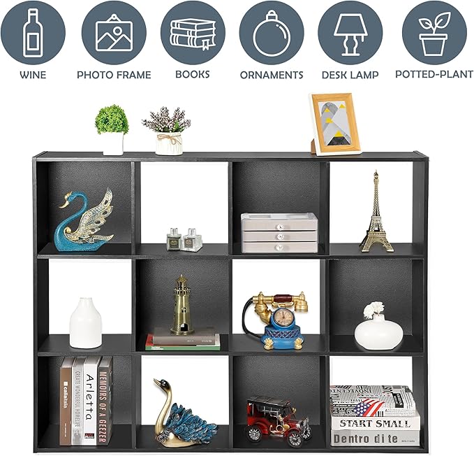 SUPER DEAL 12 Cube Storage Organizer, Open Shelf Bookcase, Wood Cubical Shelves Closet Cabinet Display Unit with 6 Removable 