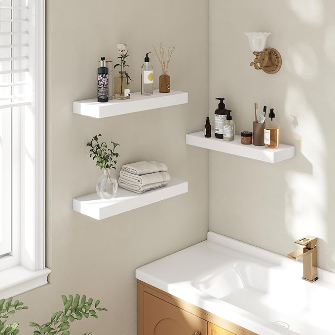 20 Inch Floating Shelves | 6.5 Inch Deep White Floating Shelves Set of 2 | 20" W x 6.5" D Rustic White Wood Wall Shelves with