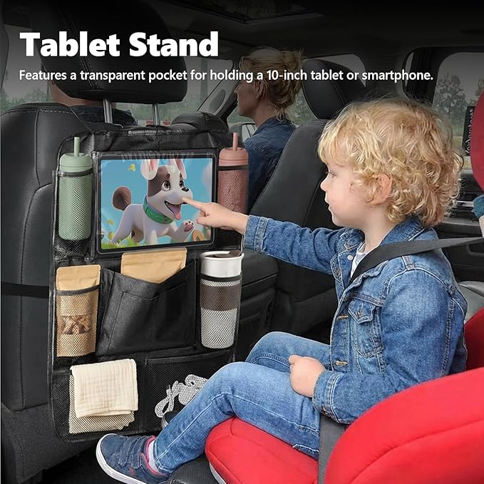 2PCS Car Backseat Organizer with 10" Tablet Holder, Waterproof Oxford Fabric Auto Back Seat Protector Kick Mat, Multi-Pocket Back Seat Organizer Storage, Travel Car Accessories (Small Pocket)