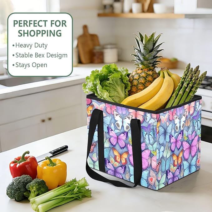 Colorful Butterflies Reusable Grocery Bags Large Shopping Tote Bag with Reinforced Bottom Board, Water Resistant Foldable Sto