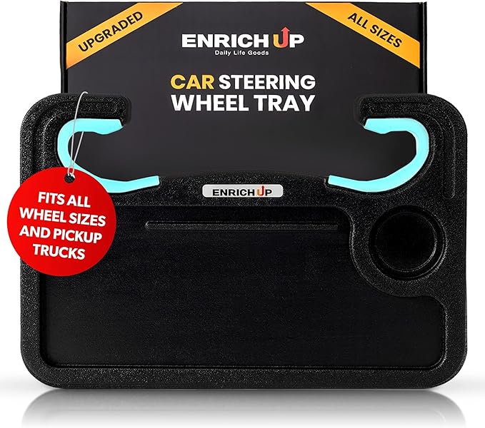 ENRICH UP 2-in-1 Car Steering Wheel Tray - Steering Wheel Desk for Laptop, Multipurpose Car Table for Eating & Work, Adjustable Car Food Tray with Silicone Rings (Mint) (Mint Ring)