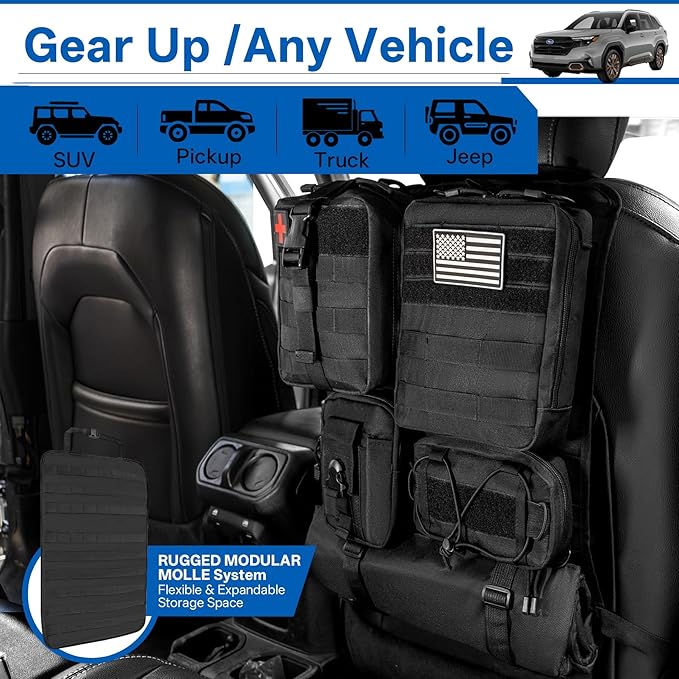 6 Pack Tactical MOLLE Car Seat Back Organizer Universal Vehicle Storage Panel Seat Organizer with 5 Detachable Pouches for Car Truck SUV Jeep Ford with Medical/Phone/Tools Bags (Black)