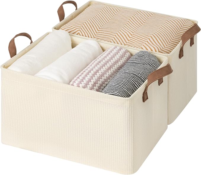 StorageWorks Storage Bins, Shelves Baskets for Organizing, Large Fabric Closet Organizers with Handles, Metal Frame, Beige-Te