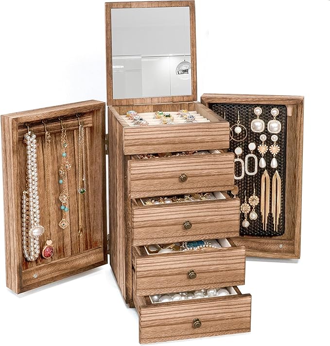 Meangood Jewelry Box Wood for Women, 5-Layer Large Organizer Box with Mirror & 4 Drawers for Rings, Earrings, Necklaces, Vint