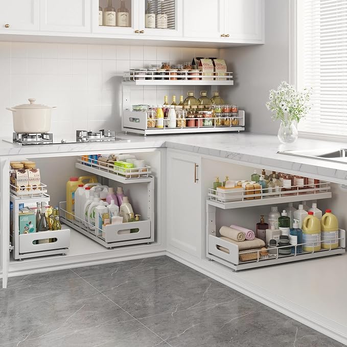 Under Sink Organizer Upgrade To Professional Rails,2-Tier Dual Pull Out Cabinet Storage,Height Adjustable Slide Out Drawers F