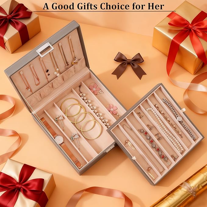 BEWISHOME Jewelry Boxes for Women, 2-Layer Necklace Organizer Box, Modern Style Jewelry Organizers and Storage with Removable