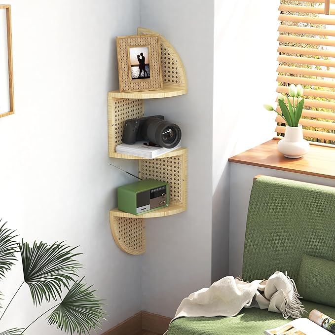3-Tier Corner Shelf - Wooden Rattan Wall Mounted, Zig Zag Hanging Shelves for Bedroom, Living Room & Bathroom