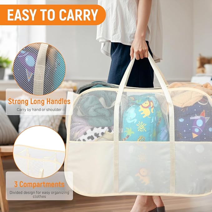 Collapsible Laundry Baskets with 3 Compartment, 150L Tear-proof Pop Up Hamper, Foldable Laundry Basket with Tote Handles, Dir