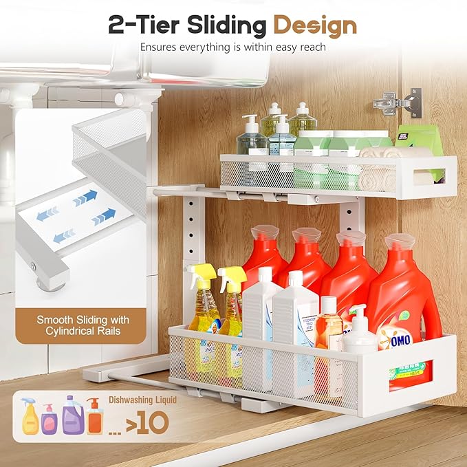 1 Pack-11.4"-16.14"H Under Sink Storage Organizer, Large 2-Tier Elegant Mesh Pull Out Shelf for Kitchen and Bathroom Cabinet 