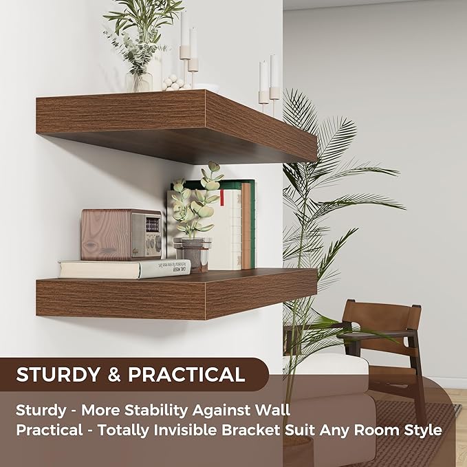 Floating Shelves for Wall, 30" W x 12" D x 2" H, 2 Pack of Long Wall Mounted Engineered Wood Shelves with Invisible Brackets 