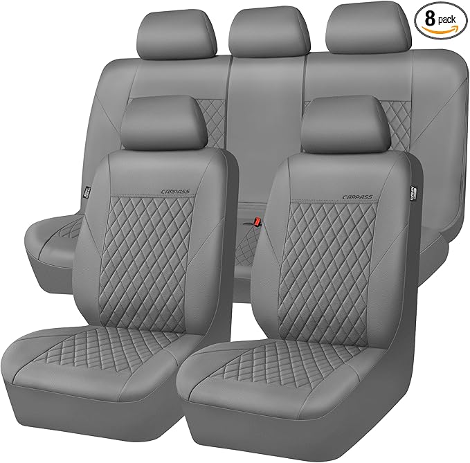 CAR PASS Quilting Faux Leather Seat Covers Full Set, Waterproof Deluxe PU Premium Auto Seat Cover, Breathable Seat Covers Uni