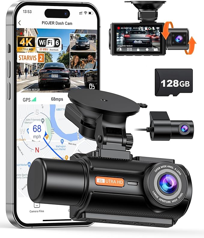 3 Channel 4K Dash Cam with STARVIS 2 Sensor, Free 128GB Card and WiFi 6 up to 20MB/s, Dash Camera for Cars with Front Rear In