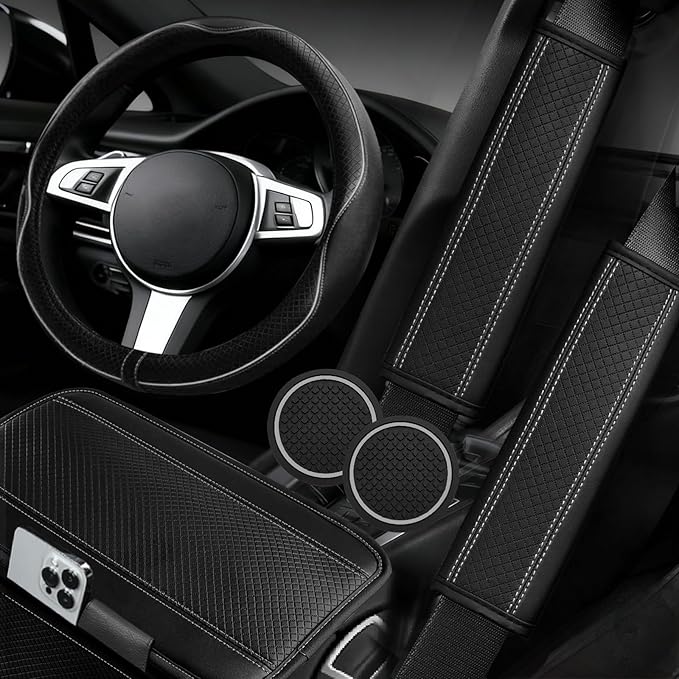 NBTEPEM 6 PCS Car Steering Wheel Cover Set, Microfiber Leather Steering Wheel Covers Universal 14.5-15 inch, Center Console Cover, Seat Belt Cushion, Cup Coaster, Car Accessories Set Black Gray