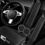 NBTEPEM 6 PCS Car Steering Wheel Cover Set, Microfiber Leather Steering Wheel Covers Universal 14.5-15 inch, Center Console Cover, Seat Belt Cushion, Cup Coaster, Car Accessories Set Black Gray