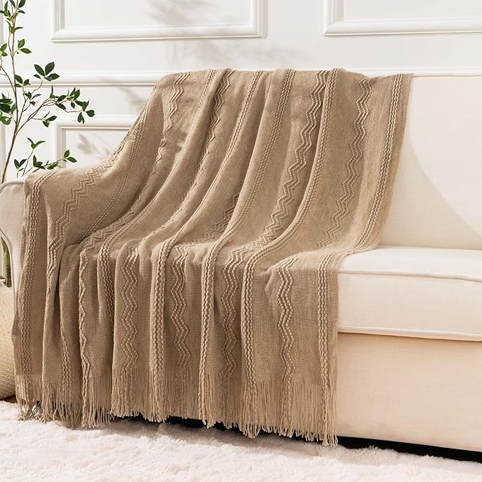 BATTILO HOME Tan Throw Blanket for Bed, Boho Decorative Couch, Taupe Home Decor, 50"x60"