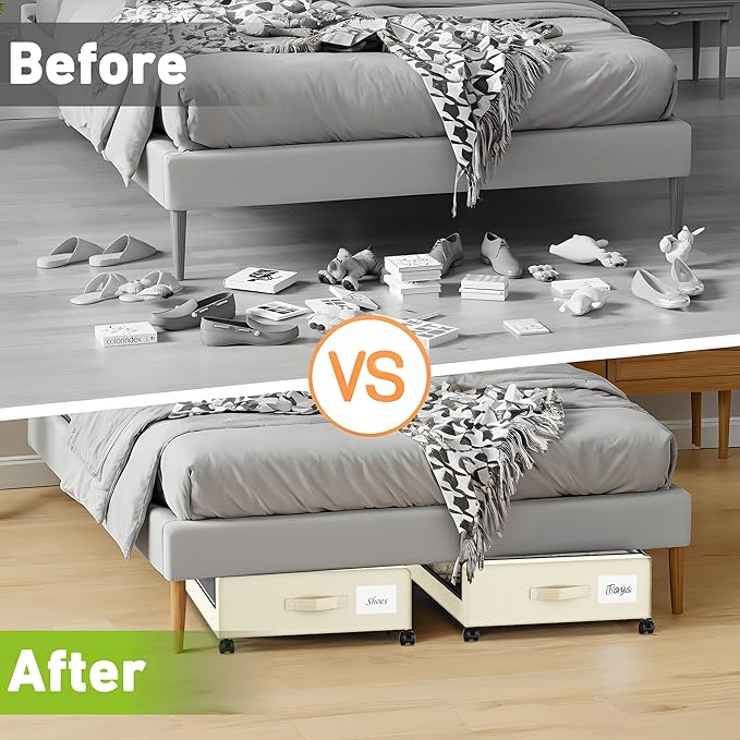 Under Bed Storage with Wheels, Under the Bed Storage Containers with Clear Lids & Label, Underbed Storage Bins, XXL 60L Rolli