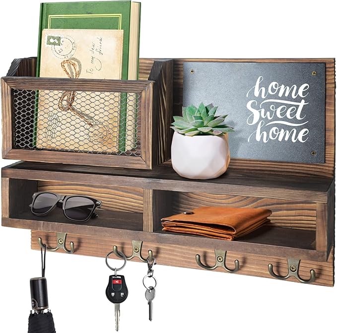 Key Holder for Wall, Mail Organizer Wall Mount with Key Hooks and Wallet Holder, Sunglasses Storage and Dog Leash Hanger, Dec