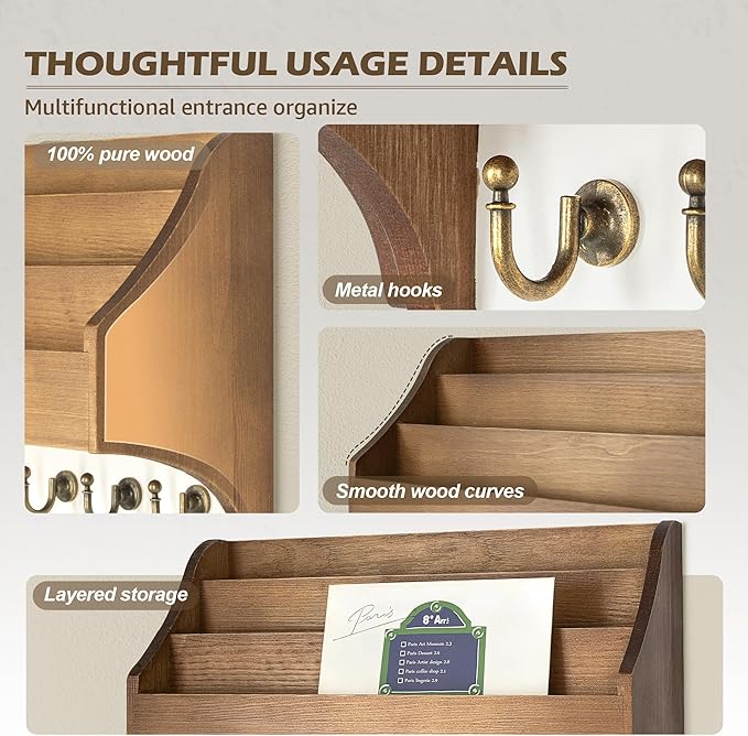 Rebee Vision Pine Wood Key Holder Wall Mount - Farmhouse 3-Tire Mail Holder with 6 Key Hooks for Home Decor- Multifunctional 