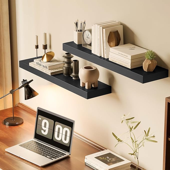 BAMEOS Bamboo Floating Shelves Wall Mounted Wooden Shelves with Invisible Brackets Set of 2, Hanging Wall Decor for Bedroom, 
