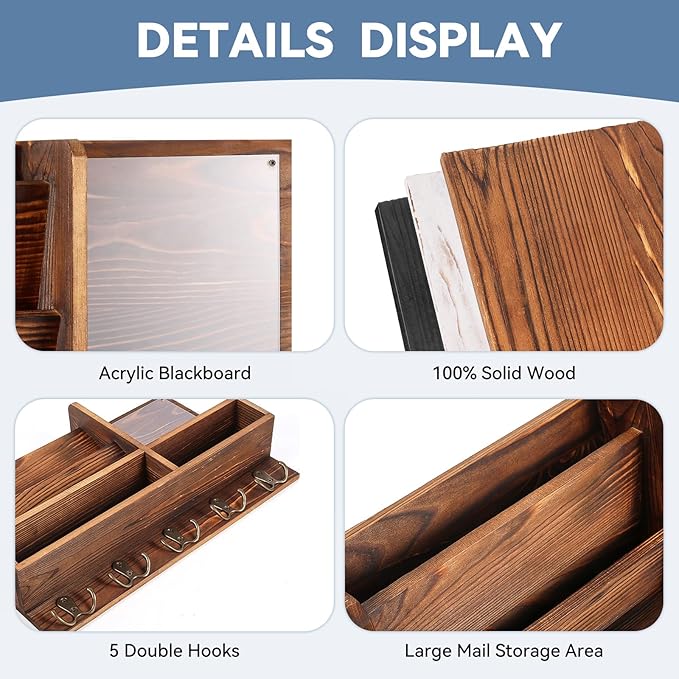 Key Holder Wall Mount, Mail Organizer Wall Mounted, Solid Wood Key Holder for Wall Living Room Entryway Home Decor, with 10 K