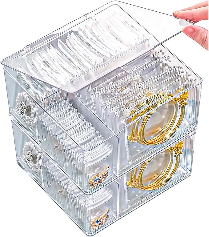 2 Pack 4 In 1 Acrylic Jewelry Organizers and Storage with 120 Portable Anti Tarnish Jewelry Bags, Clear Jewelry Box Organizer