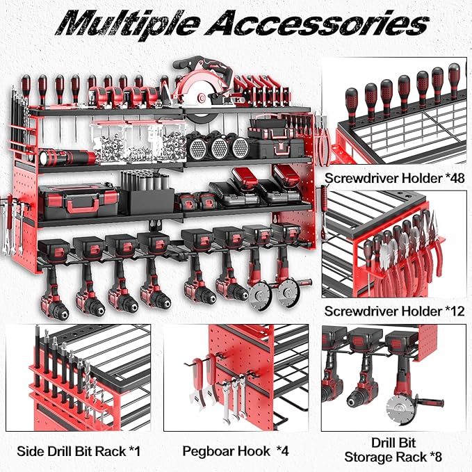 Power Tool Organizer Wall Mount, Cordless Drill Hanger Storage Rack 8 Drill Holder, 4 Layer Heavy Metal Large Capacity Tool R