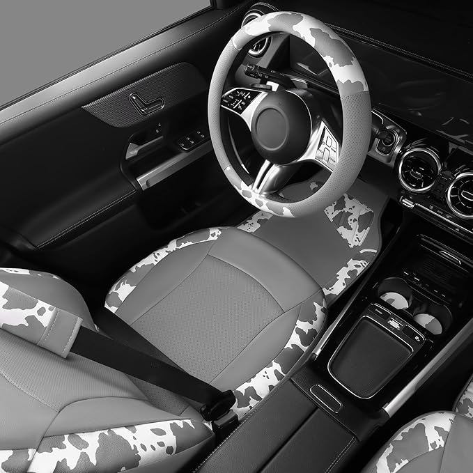 CAR PASS Cow Print Faux Leather Car Seat Covers & Cow Car Mats & Cow Steering Wheel Cover Seat Belt Pads Universal fit for SU