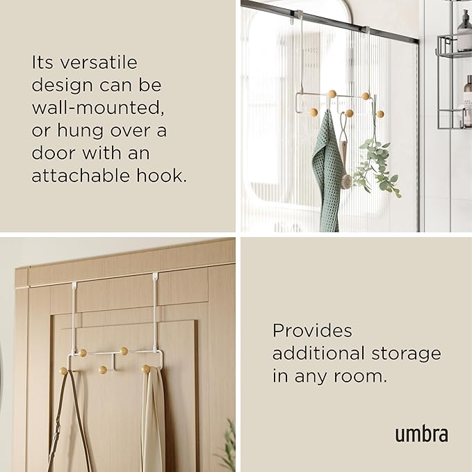Umbra Estique Over The Door Coat Rack & Multi-Use Organizer, for Coats, Bags, Hats & More, Small, White/Natural