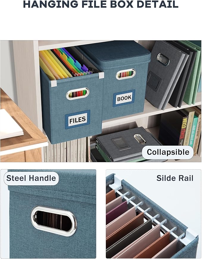 Oterri File Organizer with Lid, Hanging Filing Box with Mesh Pocket, Document Organizer for Letter Files, Portable Storage Bo