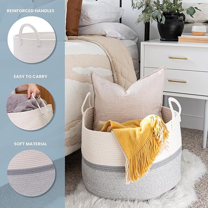 OrganiHaus Large Woven Storage Basket for Blankets and Toys 20" x 13" Inch, Rope Laundry Basket with Handles, Cushions & Pill