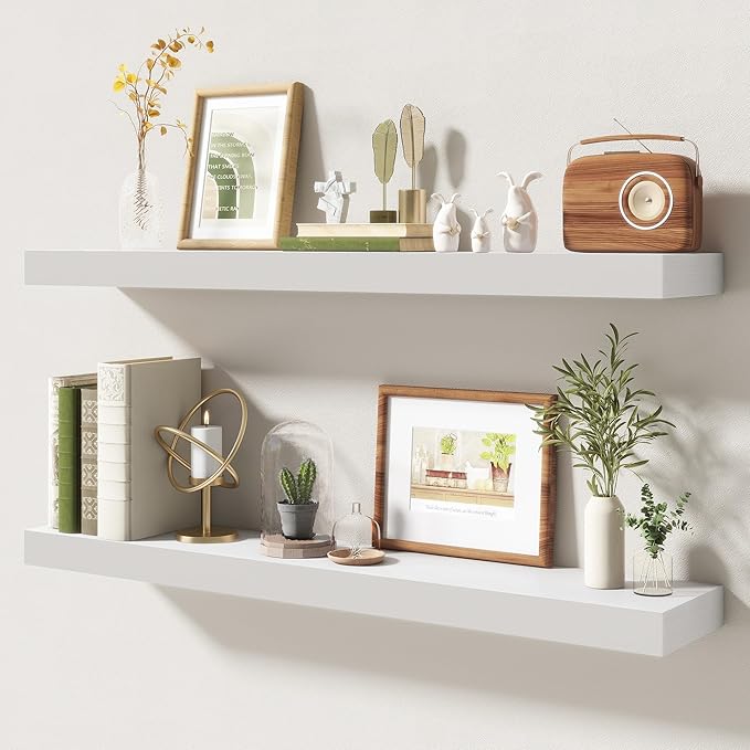 36 Inch Floating Shelves | 6.5 Inch Deep White Floating Shelves Set of 2 | 36" W x 6.5" D Rustic White Wood Wall Shelves with