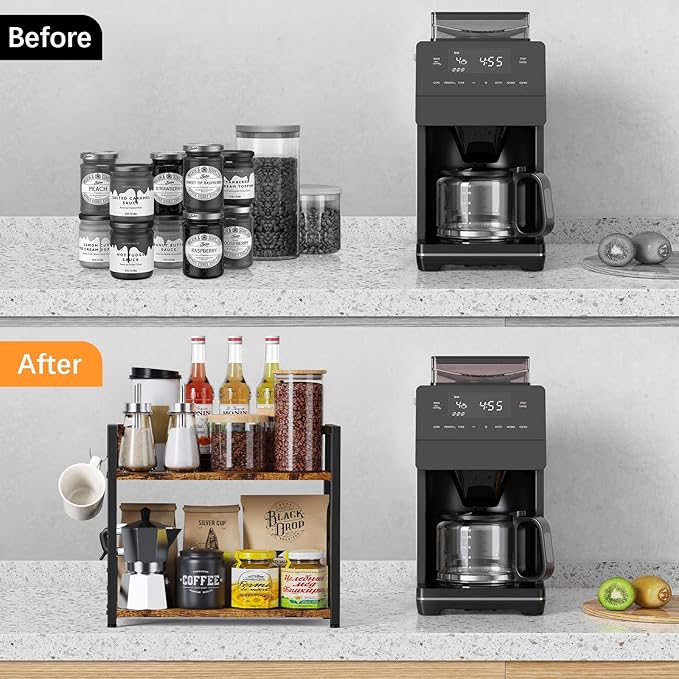 RUILALIFE Coffee-Bar-Station-Organizer Shelf for Countertop, 2 Tiers Kitchen Counter Shelf Riser, Wooden Spice Rack Organizer