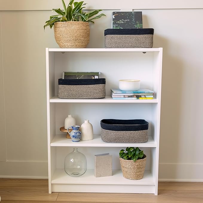 NaturalCozy 13.5”x8.5”x5.5” Rectangle Storage Baskets for Shelves 3 Pack | Cotton Rope Woven Small Baskets for Organizing | S