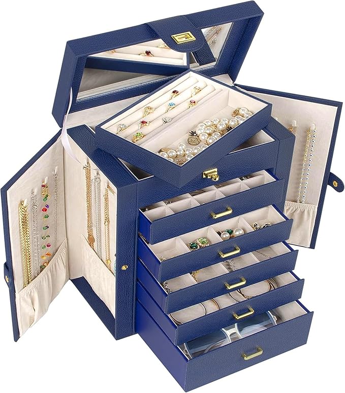 AKOZLIN Large Jewelry Box Organizer Functional with Big Mirror, Leather Jewelry Storage Case for Women Girls Ring Necklace Ea