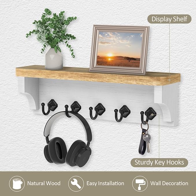 Nekon Key Holder for Wall, 11.8" W x 3.5" H x 2.8" D Decorative Key Organizer with Floating Shelf, Wall Mount Key Rack with 5