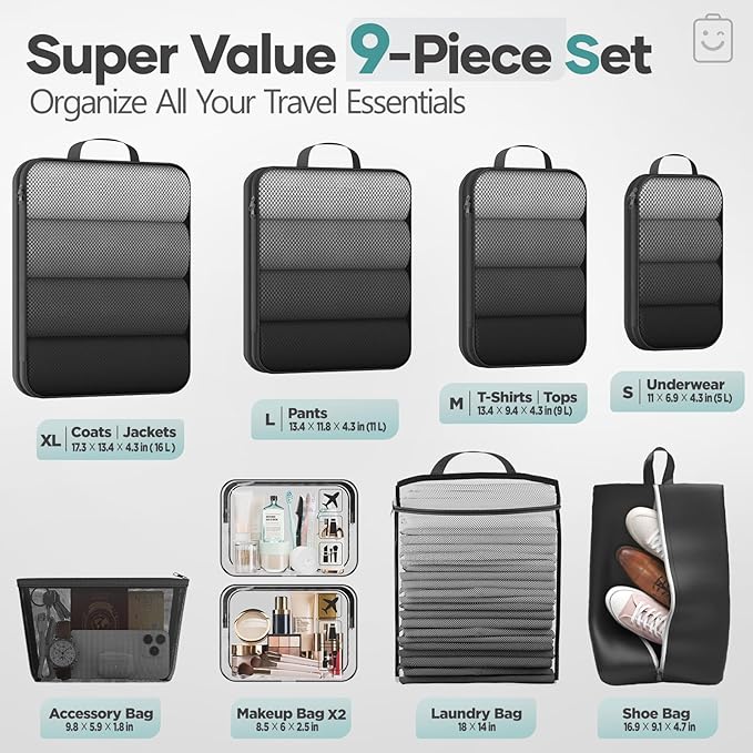 Veken 9/11 Set Compression Packing Cubes for Travel Essentials,Compressible Expandable Large Luggage Suitcase Organizer Bags 
