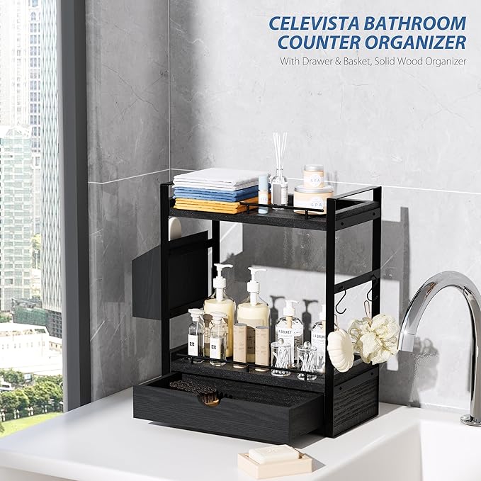 2-Tier Wood Bathroom Counter Organizer, Countertop Organizer with Drawer and Storage Basket, Bathroom Sink Organizer for Vani